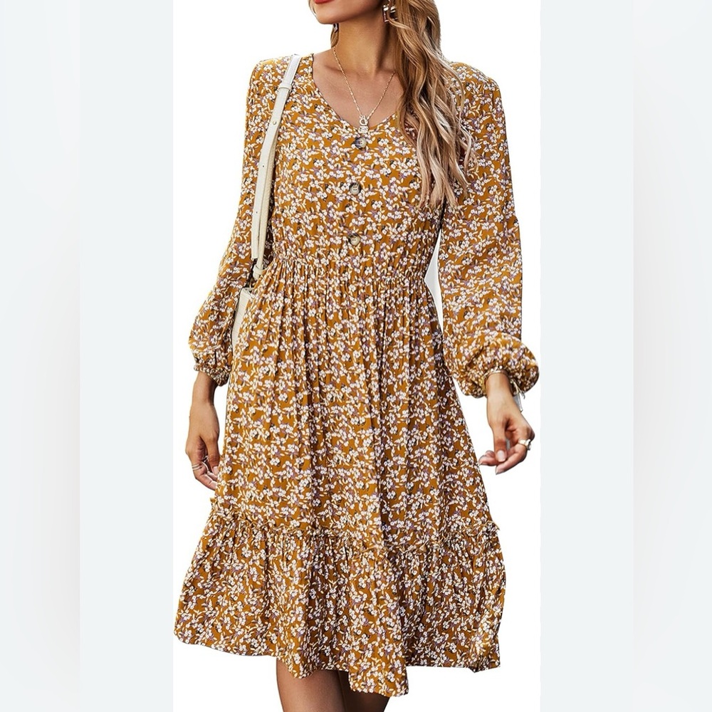 Cottage Core Prairie Boho Viscose Floral Skater Dress Knee Length Size XL
